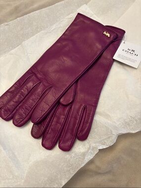 Coach Plum Leather Long Gloves with Gold Tone Logo
